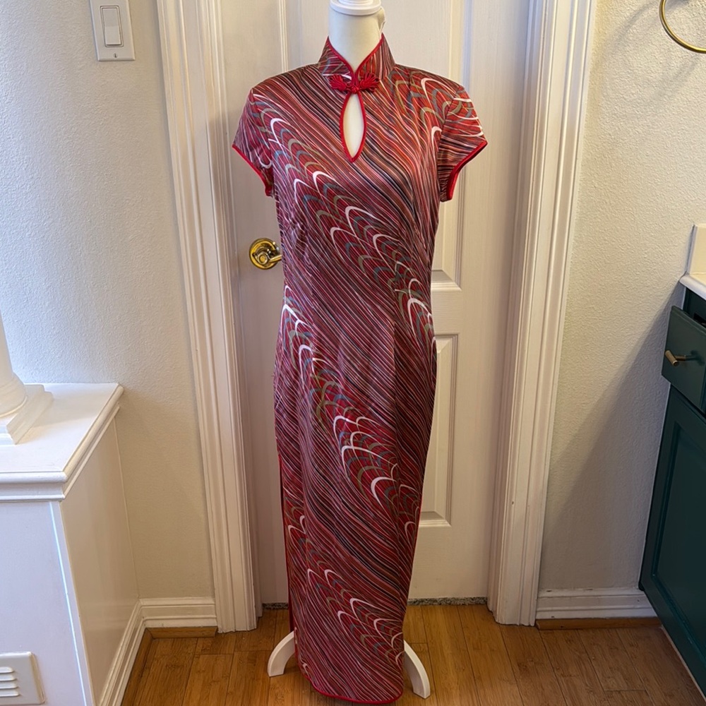 Vintage Elegant Red Patterned Women's Dress